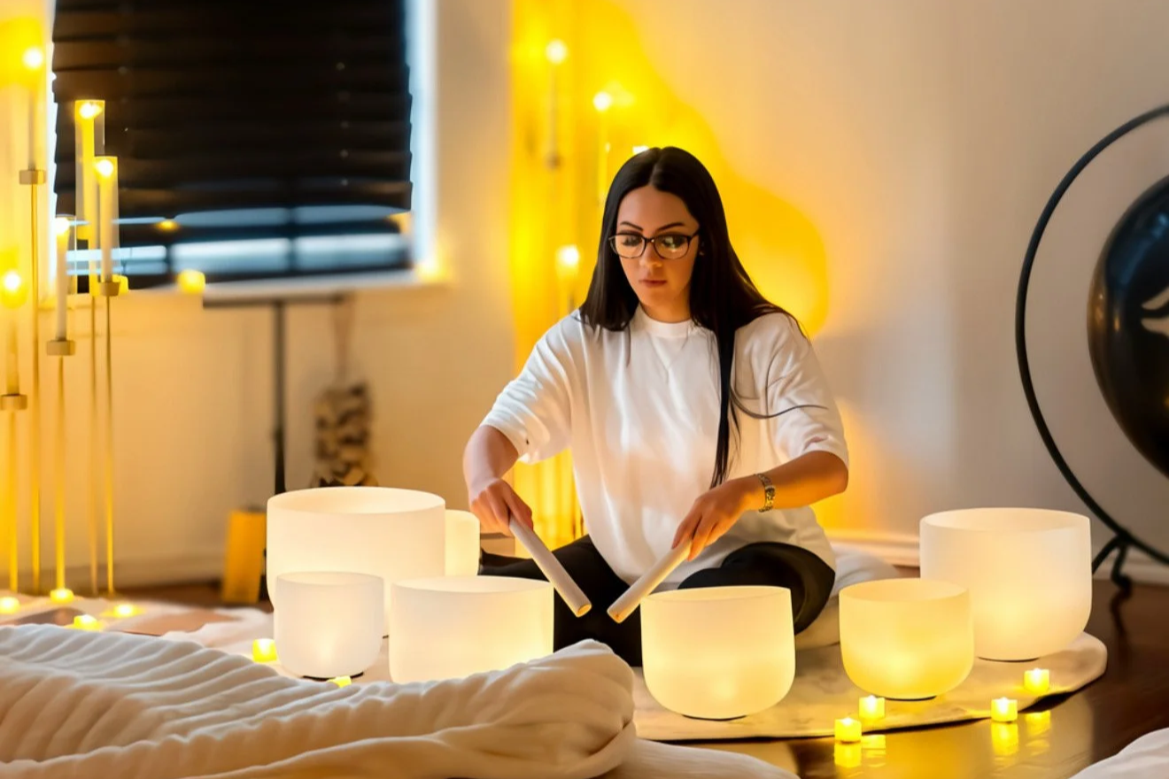 Priscilla seated among singing bowls and candlelight, tending her instruments.